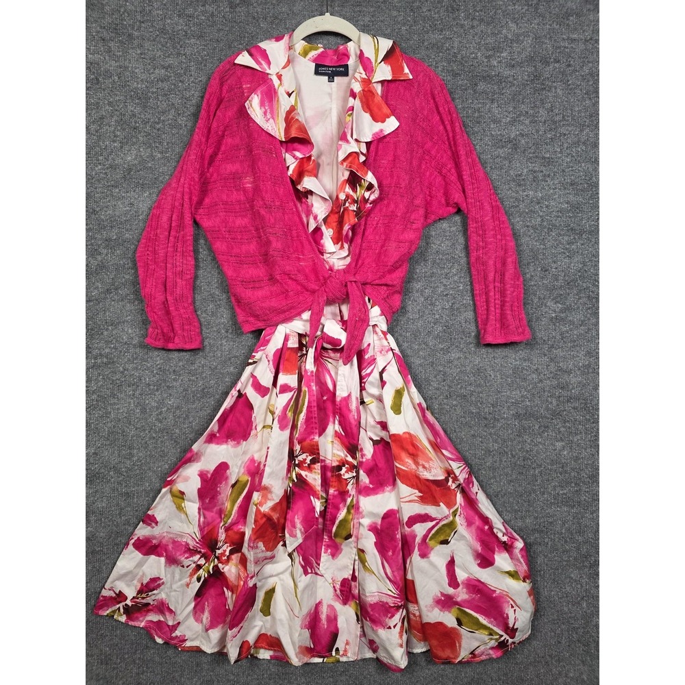 Jones New York Set Womens 8 Pink Floral Ruffle Belted Dress Cardigan 2 Pc